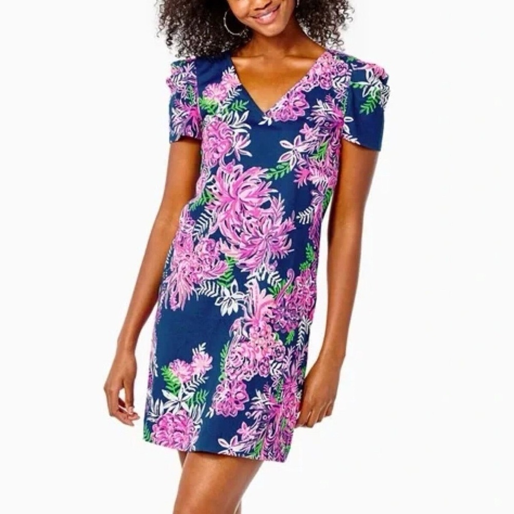 Lilly Pulitzer Floral Aleece T-Shirt Dress Oyster Blue Ruffle Your Feathers XS